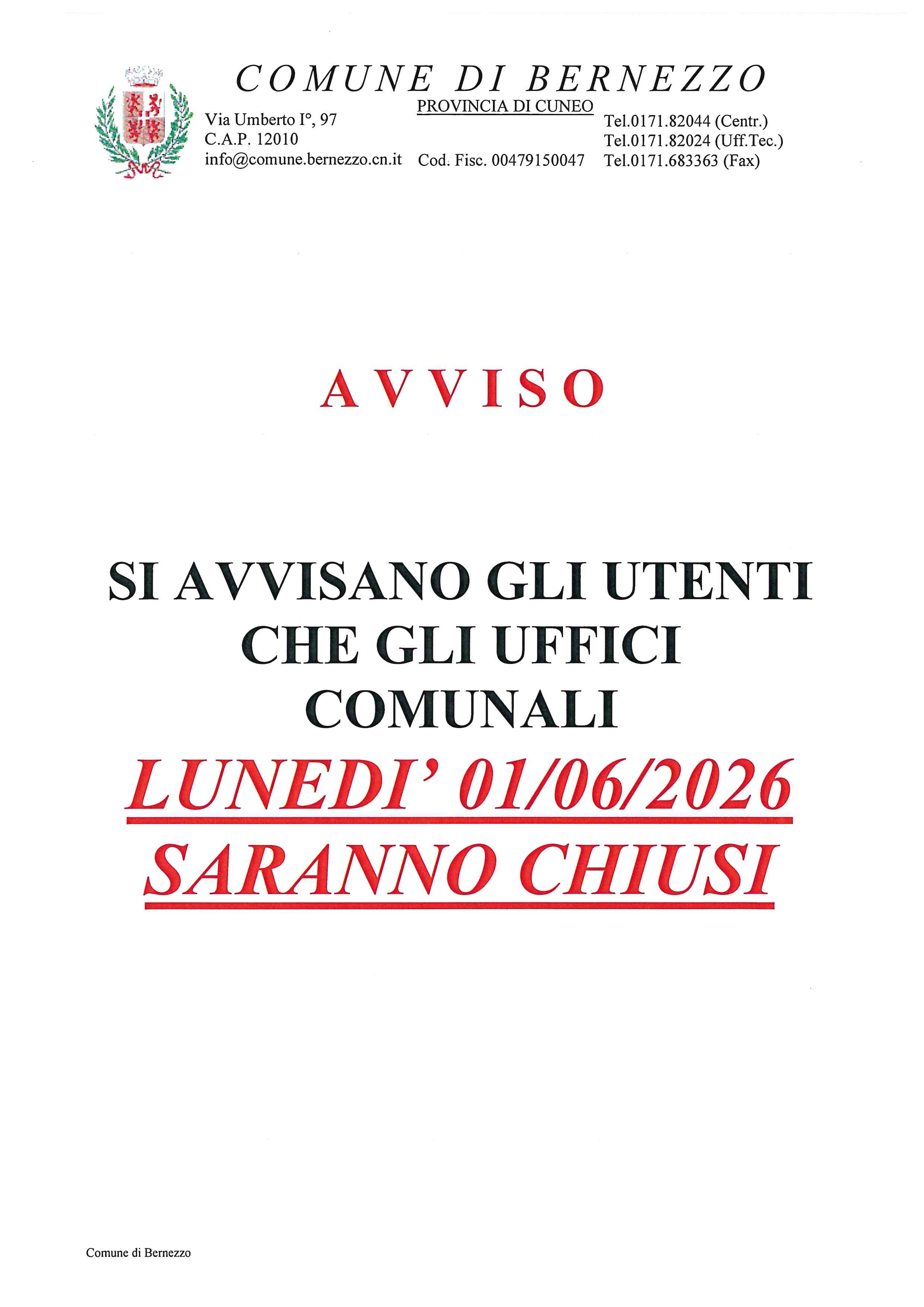 Avviso chiusura uffici comunali il giorno 01/06/2026